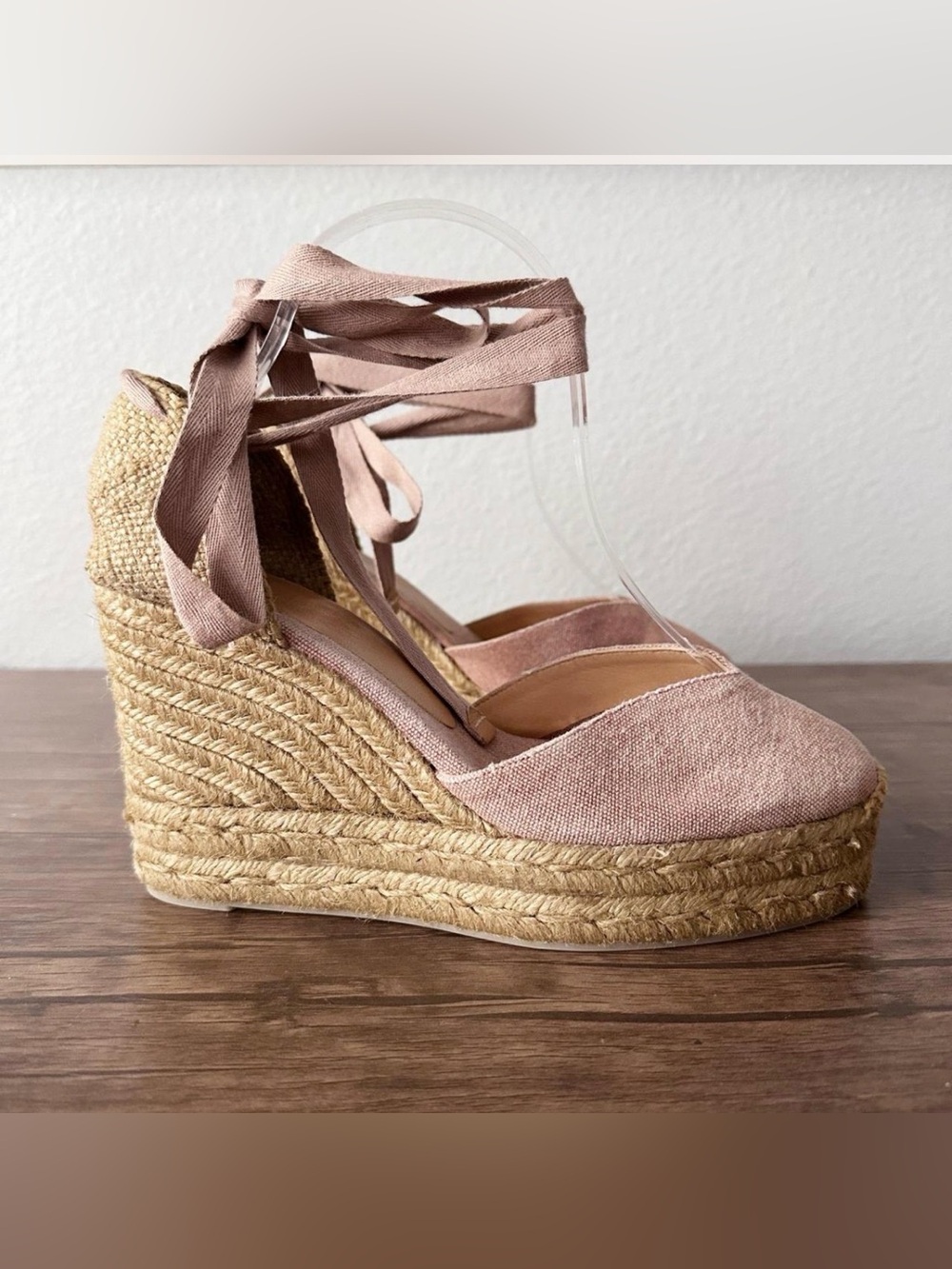 Castaner Chiara Blush Pink Espadrille Wedge Ankle-Tie Sandals